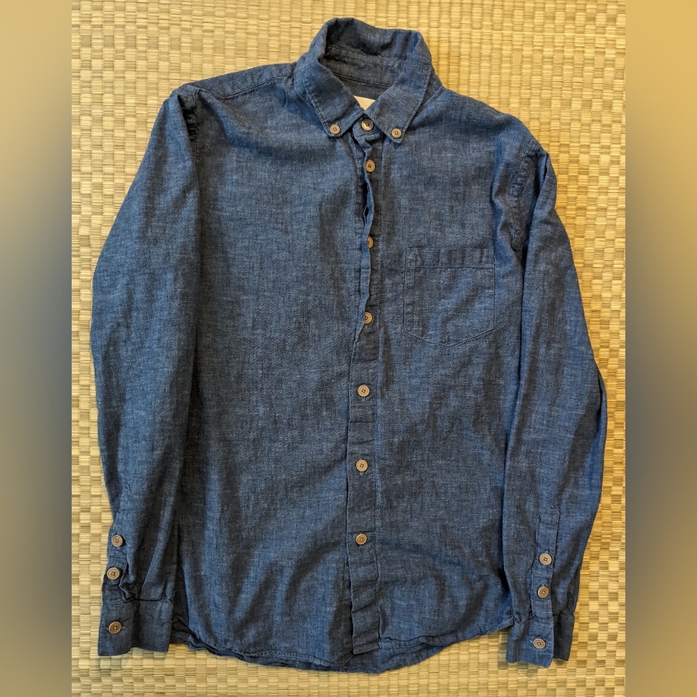 Folk Organic Cotton Chambray Button Up Shirt Blue Men's Size 1 Made in Portugal